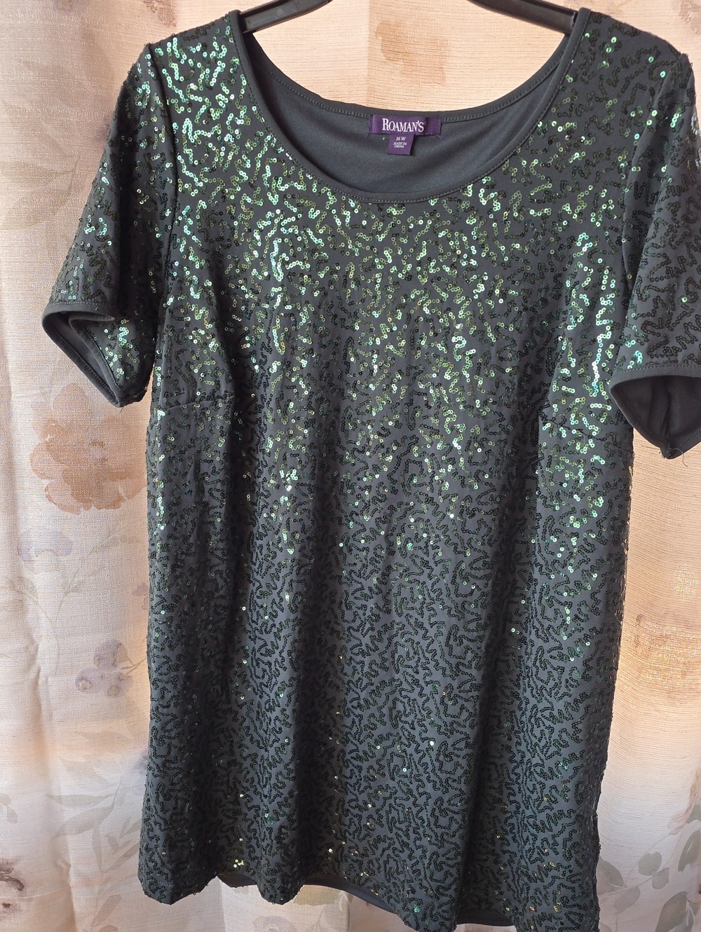 Roaman's Green Sequin Short Sleeve Scoop Top/Tunic Sz 16W
